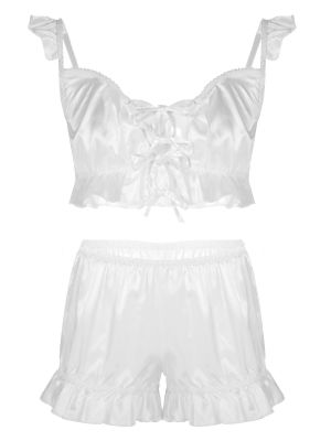 iEFiEL Men Satin Lingerie Set Sissy Pajamas Soft Ruffled Bra Tops with Shorts Nightwear Sleepwear
