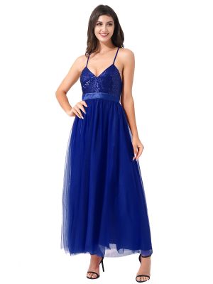 iEFiEL Women Halter V Neck Cocktail Evening Party Dress Backless Sequined Prom Long Dress