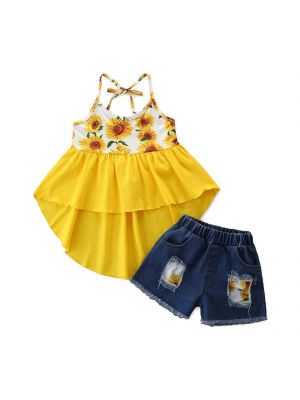 iEFiEL Toddler Baby Girls Summer Clothing Halter Neck Flowers Print Top with Ripped Denim Shorts
