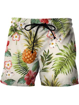 iEFiEL Men Leaf Printed Beach Shorts Drawstring Elastic Waistband Vacation Surfing Swimming Trunks