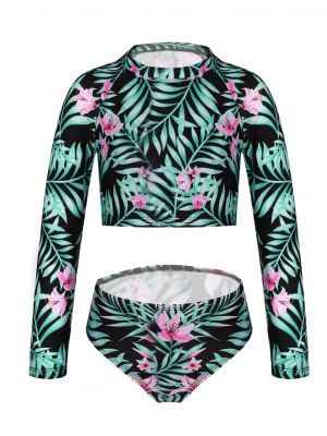 iEFiEL 2Pcs Kids Girls Floral Print Swimming Suit Long Sleeves Cropped Top with Briefs Beach Swimwear Bathing Suit