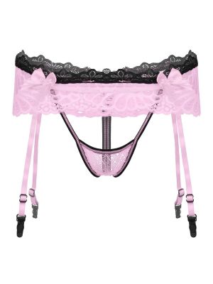 Men Sissy Crotchless Lace Skirted Garter Belt Briefs 