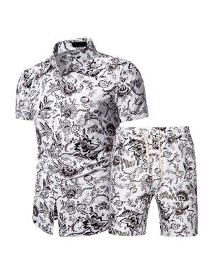 iEFiEL White Men Summer Flower/Dot Printed Two-piece Casual Set Turn-down Collar Button Down Shirt with Drawstring Shorts Casual Wear