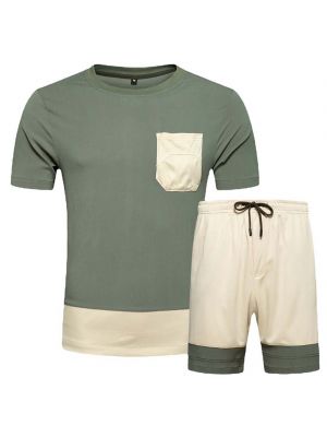 iEFiEL Army Green&Beige Mens Summer Casual Sports Suit Two-piece Tracksuit Gym Outfit T-shirt with Drawstring Shorts