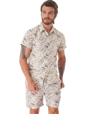 iEFiEL Mens Summer Flower Printed Two-piece Set Casual Short Sleeve Button Down Shirt with Drawstring Shorts