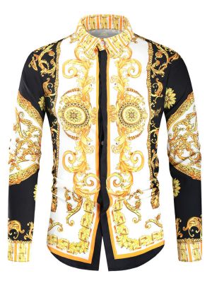 iEFiEL Men Fashion Floral Print Shirt Business Prom Party Casual Turn-down Collar Long Sleeve Tops