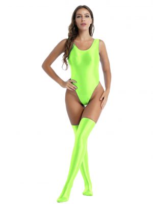 iEFiEL Women High Cut Bodysuit with Stocking Glossy Stretchy Swimsuit Swimwear