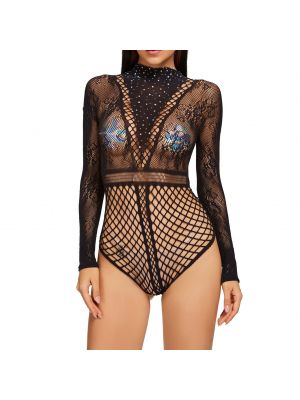 iEFiEL Womens Hollow Out Sexy Fishnet Rhinestone Bodysuit See-through Mesh Long Sleeve Leotard Underwear 