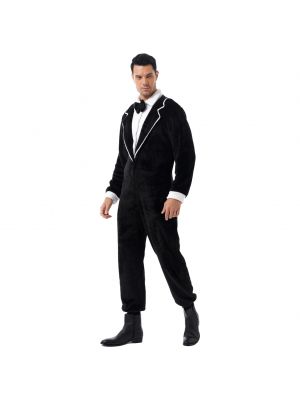 iEFiEL Mens Flannel Pajamas Jumpsuits One-piece Tuxedo Costume Nightwear Role Play Rompers with Bow Tie