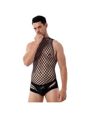 iEFiEL Mens One-piece Netted Bodystockings Lingerie Hollow Out Halter Neck Stretchy Bodysuit