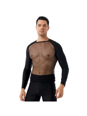 iEFiEL Men See-through Mesh T-shirt Long Sleeve Patchwork Tops for Party Nightclub Stage Show