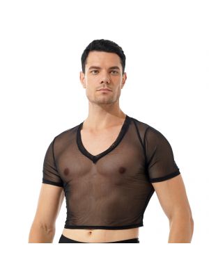 iEFiEL Men See-through Mesh Crop Top V Neck Cropped T-shirt for Nightclub Stage Show Music Festival