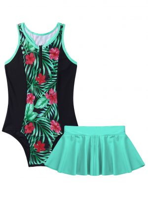 iEFiEL Girls Swimming Suit Sleeveless Racer Keyhole Back One-piece Swimming Jumpsuit with Skirt Set