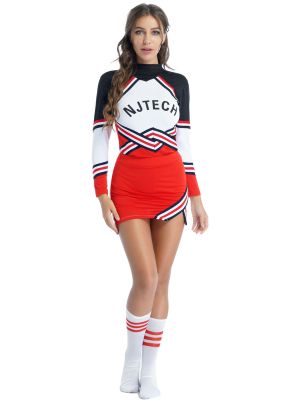 iEFiEL Women Schoolgirl Cheerleading Role Play Costume Striped T-shirt with Mini Skirt Bowknot Headwear Stocking Outfit 