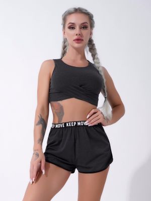  iEFiEL Black 2Pcs Women Summer Sport Suit Sleeveless Cropped Vest Tops and Shorts Set