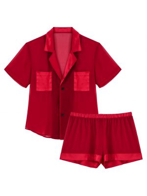 iEFiEL Mens Sissy Chiffon Pajama Set Satin Patchwork Short Sleeve Tops with Shorts Sleepwear Nightwear
