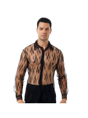 iEFiEL Men Sissy See-through Floral Lace Shirt Turn-down Collar Tops for Party Nightclub