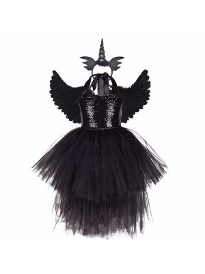 iEFiEL Girls Vampire Witch Halloween Cosplay Costume Halter Sequins High-Low Tulle Dress with Angel Wing and Single-Horn Headband