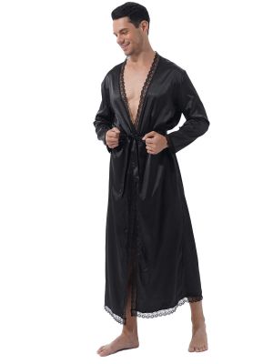 iEFiEL Men Sissy Two-piece Set Bathrobe Nightwear Satin Belted Kimono Night-robe with Thongs