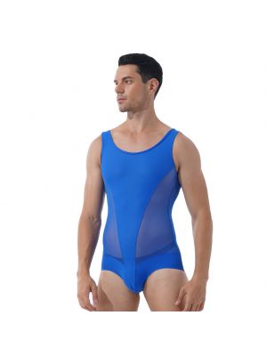 iEFiEL Mens One-piece Sheer Mesh Bodysuit Sleeveless Bulge Pouch Leotard Swimsuit