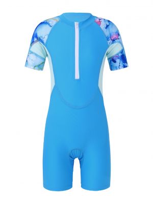 iEFiEL Kids Girls One-piece Stand Collar Side Prints Swimwear Bathing Suit Long Sleeve Zippered Shorts Jumpsuit Beach Swimsuit