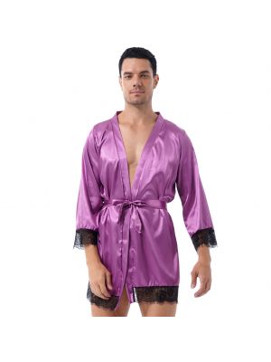 iEFiEL Mens Sissy Long Sleeve Satin Open Front Bathrobe Sleepwear Lace Trim Belted Kimono Night-robe