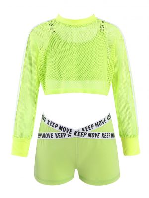 iEFiEL 3Pcs Kids Girls Summer Sport Suit Straps Crop Vest with Net Cover Up Tops Shorts Set for Running Yoga Workout