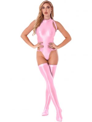 iEFiEL Womens Glossy Cutout High Cut Leotard Swimsuit Sleeveless Zipper Back Bodysuit with Stockings