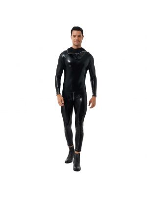 Men Patent Leather Stretchy Zipper Back Hooded Jumpsuit
