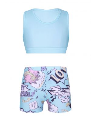 iEFiEL Kids Girls 2PCS Tankini Outfit Tank Top with Letters Printed Bottoms Shorts Set for Ballet Dance Gym Workout