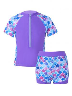iEFiEL Girls Two Piece Stand Collar Short Sleeves Swimsuit Print Tops with Shorts Set Beach Swimming Bathing Suit