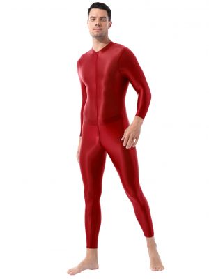 iEFiEL Mens One-piece Shimmery Smooth Jumpsuit Lingerie Long Sleeves Double-ended Zipper Leotard