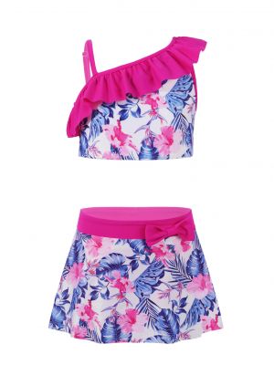 iEFiEL 3Pcs Kids Girls Floral Print Swimsuit Asymmetrical Shoulder Strap Crop Tops with Skirt Briefs Set Bathing Suit