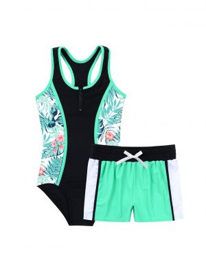 iEFiEL Girls Two Piece Swimming Suit Sleeveless Racer Back Jumpsuit with Elastic Waist Boyshorts Set Beach Swimwear