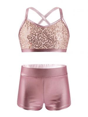 iEFiEL Girls Sequins Ballet Dance Outfit Set Criss Cross Back Crop Top Tanks with Metallic Bottoms for Gym Workout