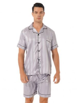 iEFiEL Mens Satin Pajama Set Nightwear Notched Collar Button Down Short Sleeve Shirt Tops with Shorts Homewear 