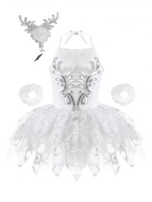 iEFiEL Big Little Girls Sparkling Sleeveless Tutu Ballet Dance Dress Sequins Decor Dancewear with Bracelets Headwear