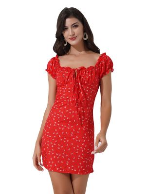 iEFiEL Women Summer Floral Print Dress Off Shoulder High Waist Above Knee Length Short Dress