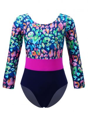 iEFiEL Kids Girls One Piece Swimsuit Long Sleeve Leopard Print Patchwork Style Bathing Suit Swimwear