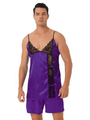 iEFiEL Men Sissy Satin Pajama Set Sleepwear V Neck Vest with Shorts Nightwear