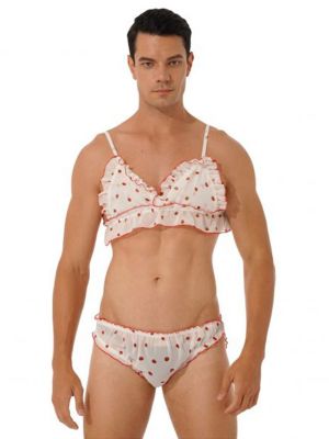 iEFiEL Mens Sissy Flower/Strawberry Printing Ruffled Two-piece Lingerie Set Adjustable Straps Bra Tops with Briefs