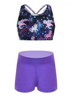 iEFiEL Girls Sport Suit Criss Cross Straps Cropped Top with Elastic Waistband Lily Print Shorts Set for Gym Yoga Running