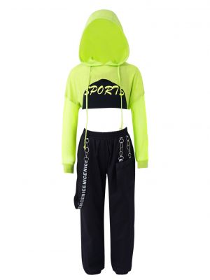 iEFiEL 3Pcs Kids Girls Jazz Dance Costume Hooded Long Sleeve Cover Up Tops with Crop Tops Pants Set for Modern Hip Hop Dance