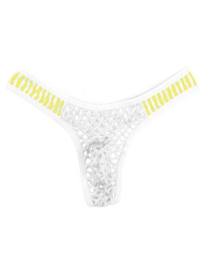 Men Fishnet Bulge Pouch Low Waist Striped Hollow Out Thongs Briefs