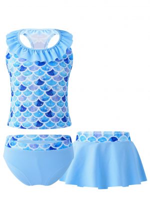iEFiEL 3Pcs Kids Girls Print Swimwear Sleeveless Racer Back Vest Tops with Briefs Skirt Set Bathing Suit