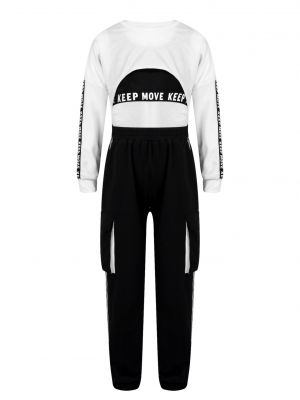 iEFiEL 3Pcs Kids Girls Sport Suit Long Sleeves Cut Out Front Crop Top with Tank Vest Sweatpants Set for Hip Hop Jazz Dance