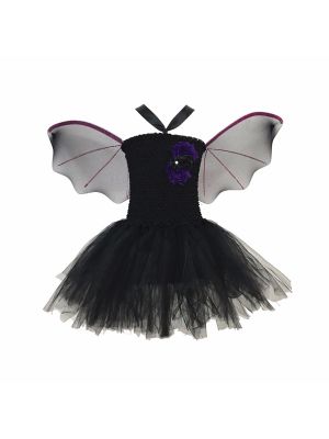 iEFiEL Girls Cartoon Bat Halloween Cosplay Costume Stretchy Crochet Bodice Mesh Tutu Dress with Hair Hoop and Wings Set