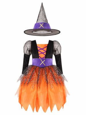 iEFiEL 3Pcs Kids Girls Halloween Witch Cosplay Outfit Dress with Belt and Pointed Hat Set for Dress Up Performance