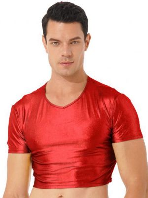 iEFiEL Mens Metallic Shiny Crop Top Slim Fit Solid Color T-shirt Club Stage Performance Costume
