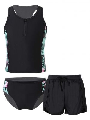 iEFiEL 3Pcs Kids Girls Print Swimming Suit Sleeveless Racer Back Tops with Shorts Briefs Set Beachwear Bathing Suit
